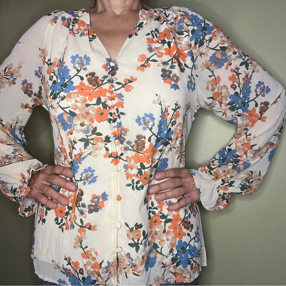 ePretty Floral Blouse - Cream, Blue, Orange